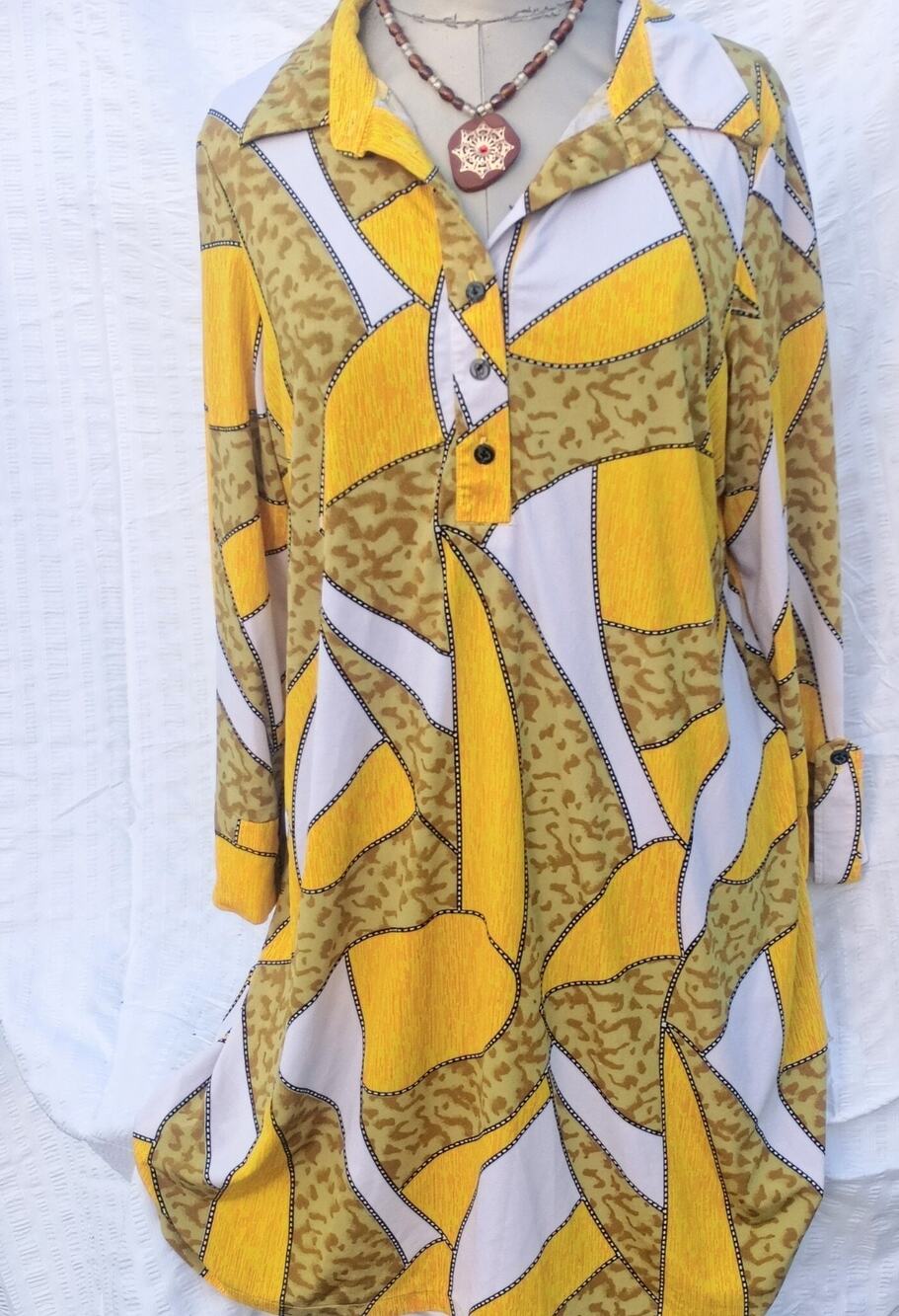 70s "Style" Design 3/4 Sleeve Collared Stretch Dress Funky Groovy Free Necklace